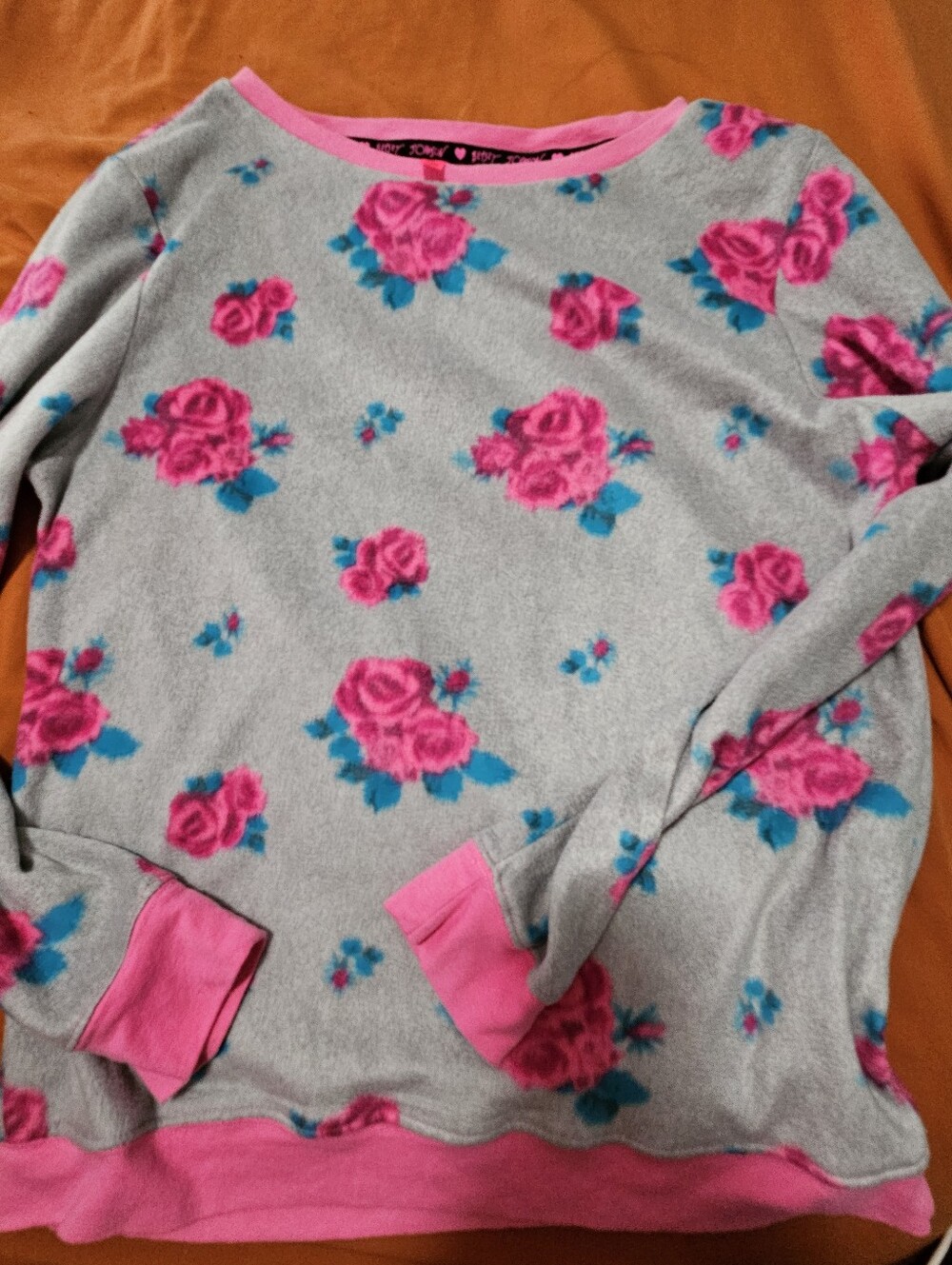 Betsey Johnson Gray Crewneck Sweater with Pink Roses and Teal Leaves